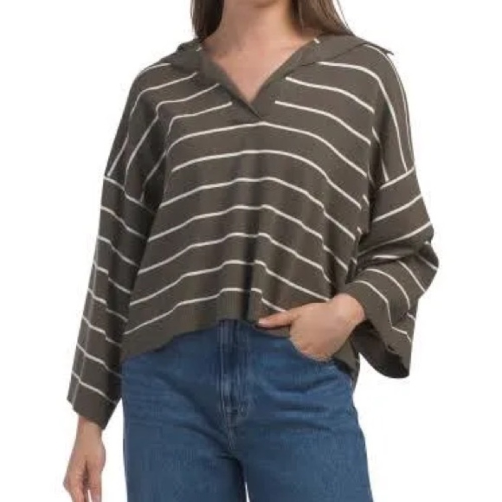 Striped V-Neck Hooded Sweater in Olive